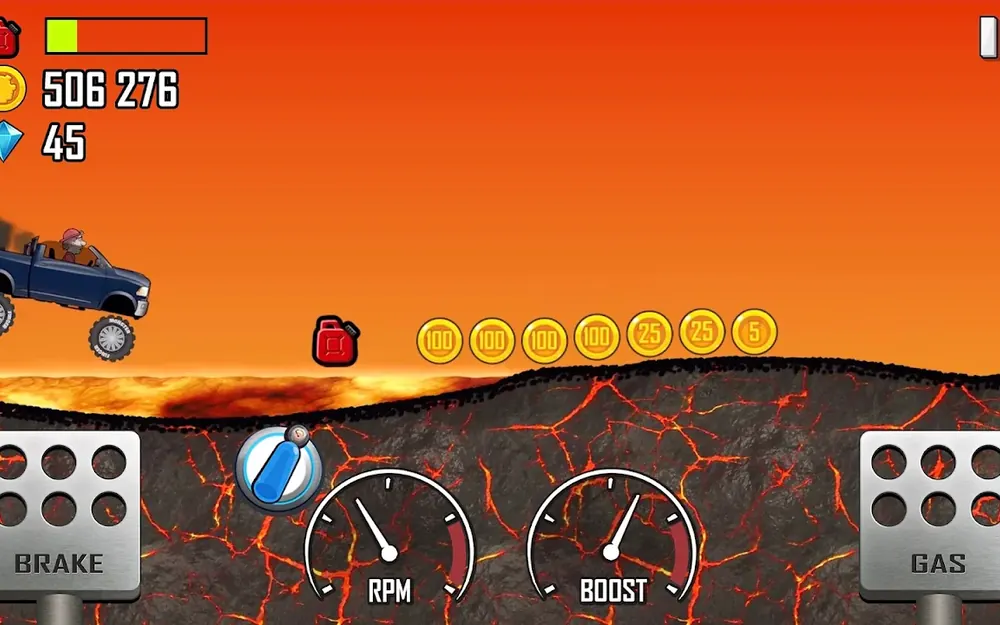 Pista de lava alaranjada com uma carrinha azul: muda o terreno debaixo das rodas, os comandos continuam a ser GAS, BRAKE e dois mostradores.