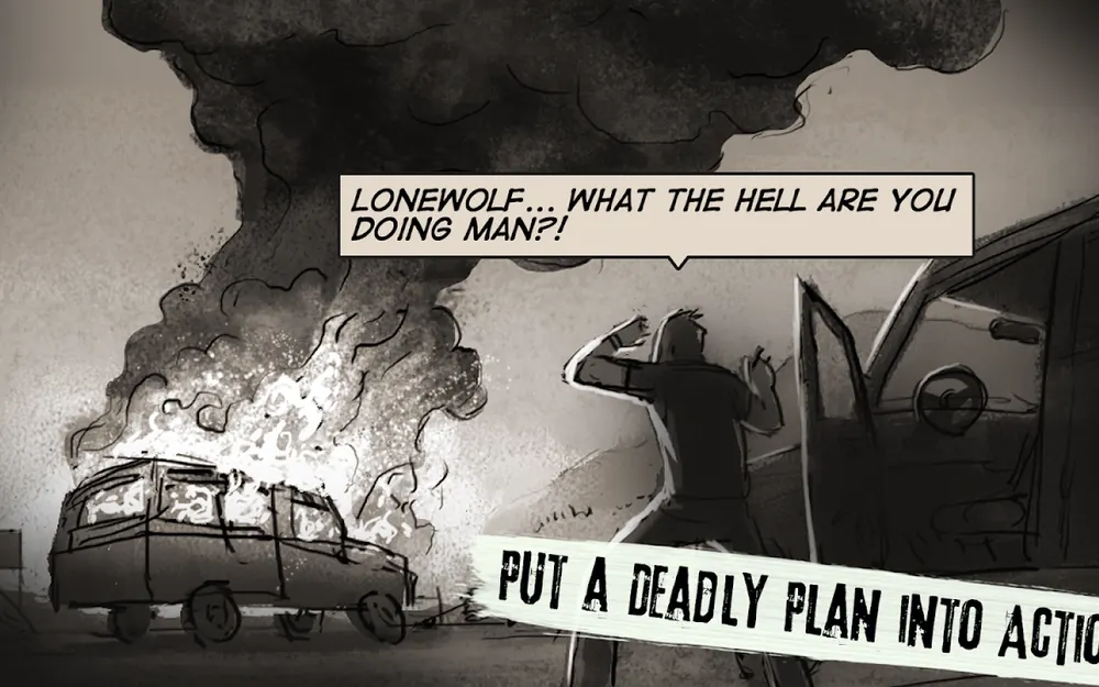 Depois do atentado, a personagem grita a LONEWOLF — o jogo mostra a consequência num painel desenhado, não numa cutscene.