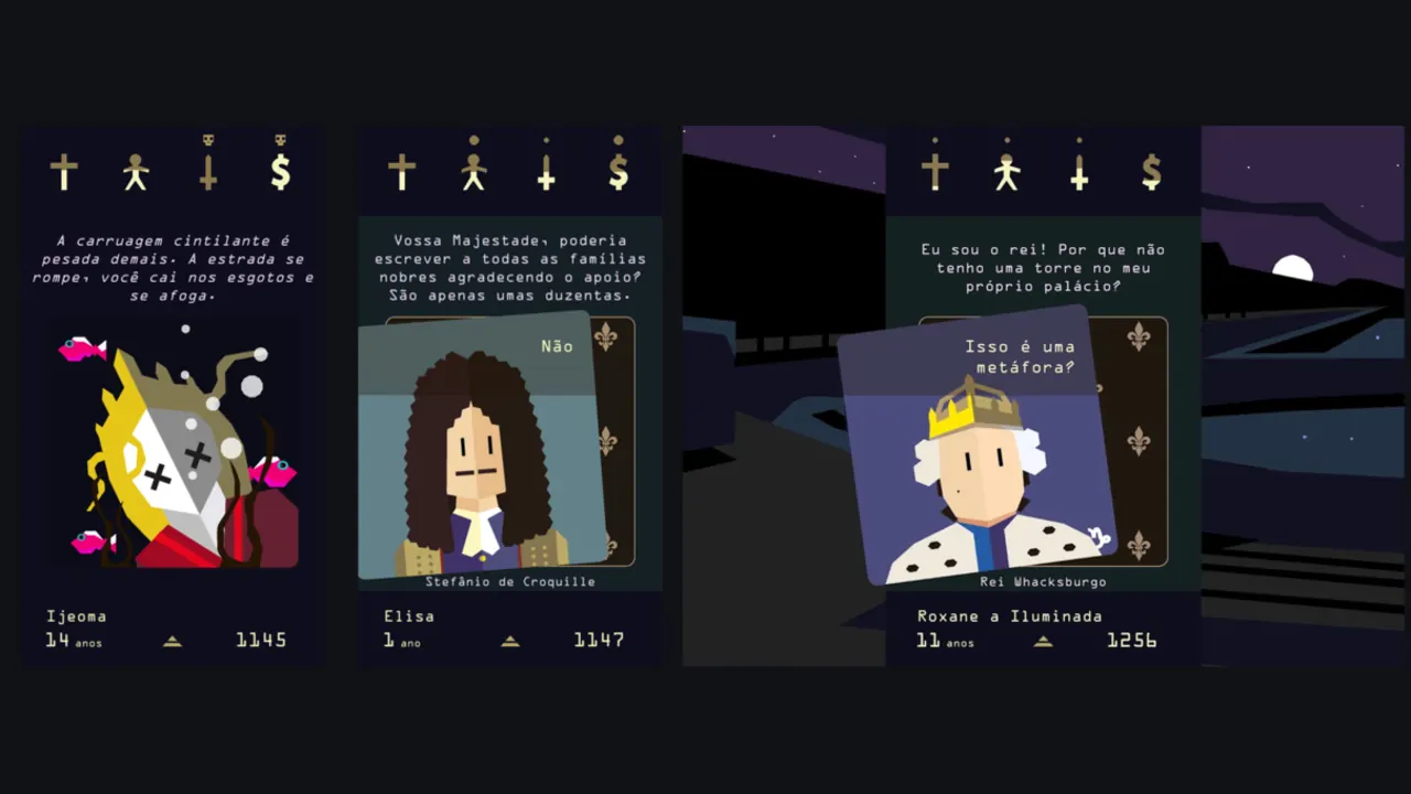 Três cartas do jogo sobrepostas — a carruagem, a família nobre e o rei Wachsburgo — sobre a paisagem nocturna do reino