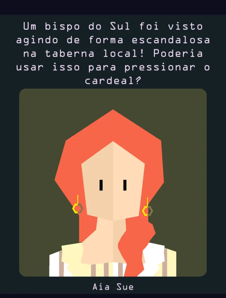 Carta de Reigns com a Aia Sue de vestido vermelho e a pergunta sobre o bispo do Sul visto na taberna